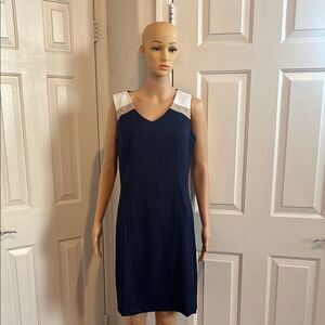 Dressbarn Navy Blue White Taupe Sheath Midi Dress V-Neck Sleeveless Sz 12 Office
